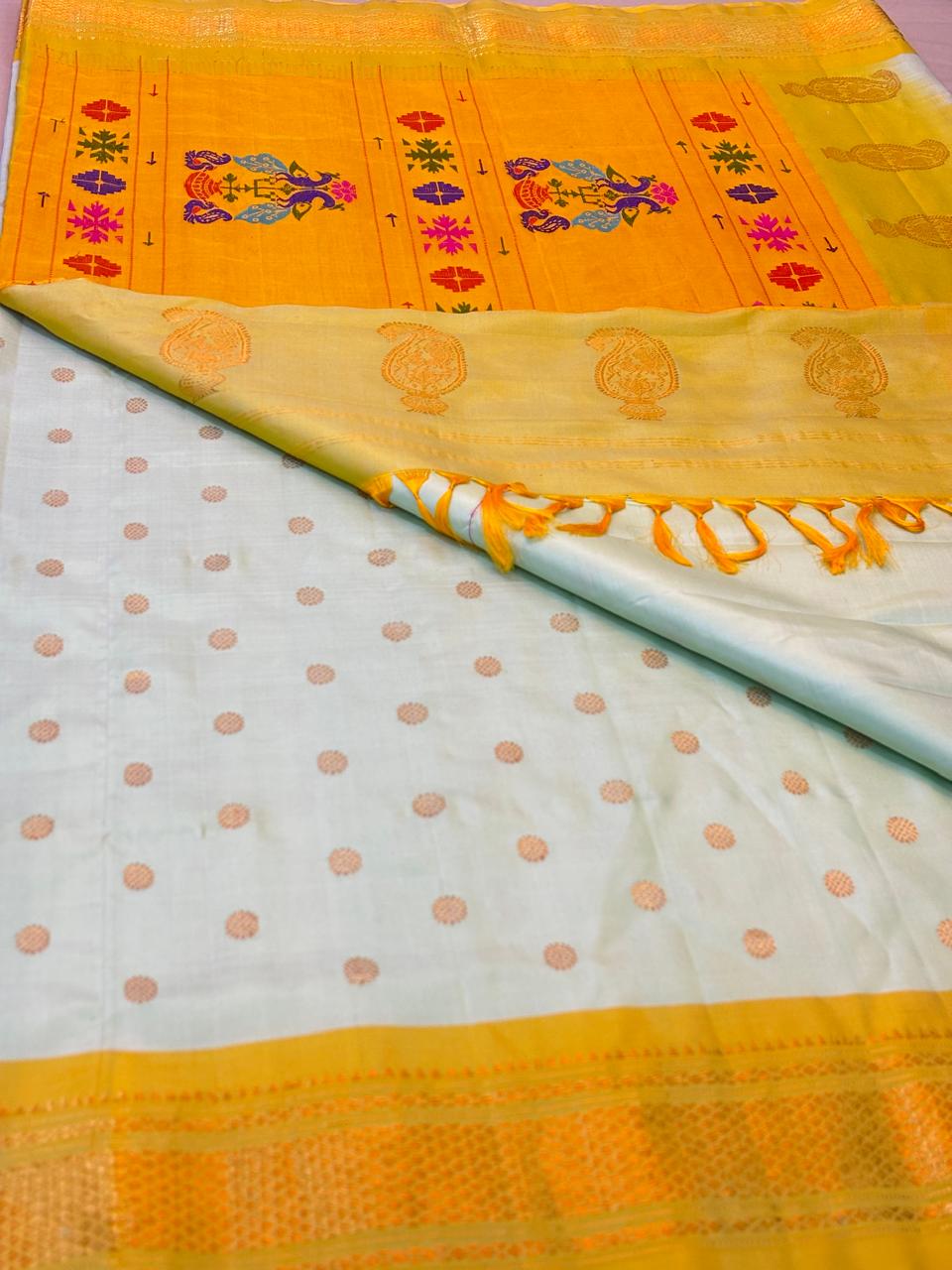 Paithani - Royal pastel Mint Green & Golden Yellow | Handloom