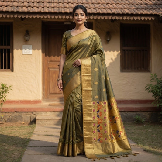 Paithani - Sage Green, pure silk , Self-Hold | Powerloom