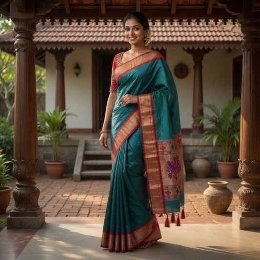 Paithani - Teal Blue and Red Contrast | Powerloom
