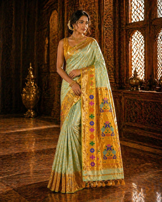 Paithani - Royal pastel Mint Green & Golden Yellow | Handloom