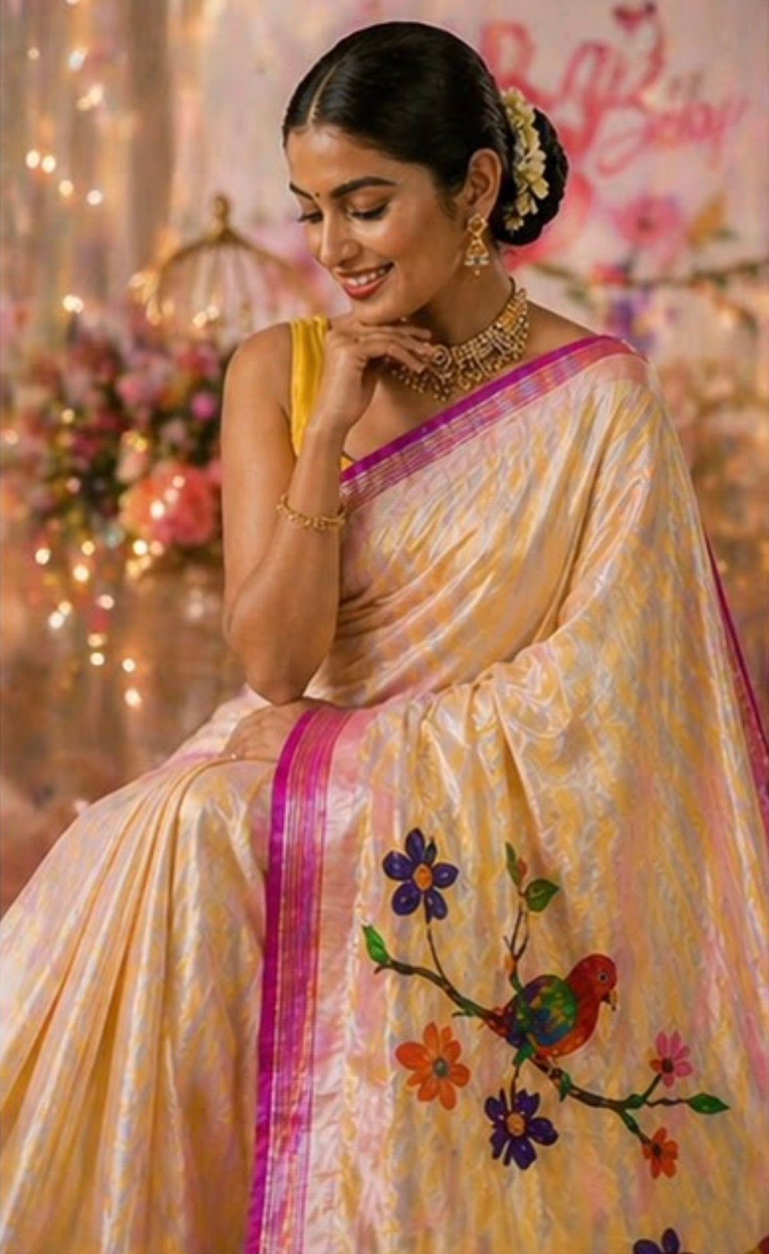 Paithani - pure Tissue silk ,Yellow and Pastel pink  | Handloom
