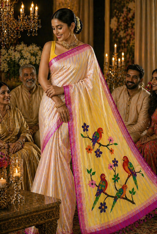 Paithani - pure Tissue silk ,Yellow and Pastel pink  | Handloom