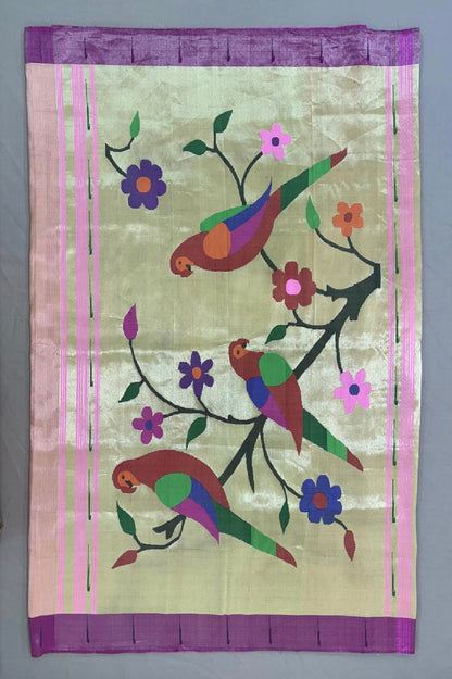Paithani - pure Tissue silk ,Yellow and Pastel pink  | Handloom