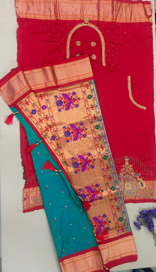 Paithani - Teal Blue and Red Contrast | Powerloom