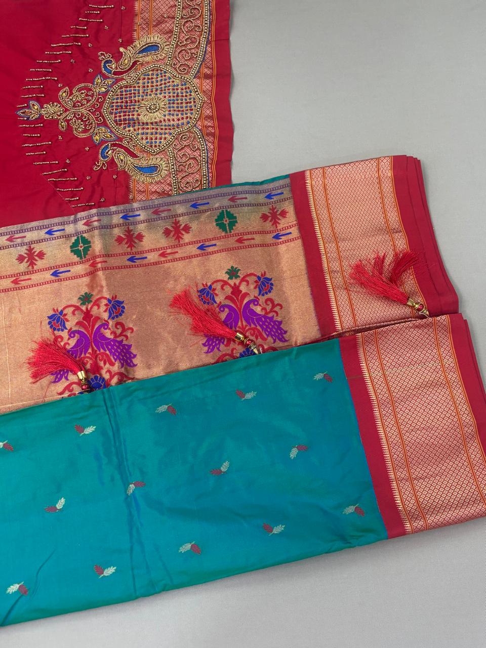 Paithani - Teal Blue and Red Contrast | Powerloom