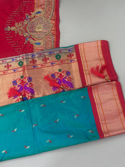 Paithani - Teal Blue and Red Contrast | Powerloom