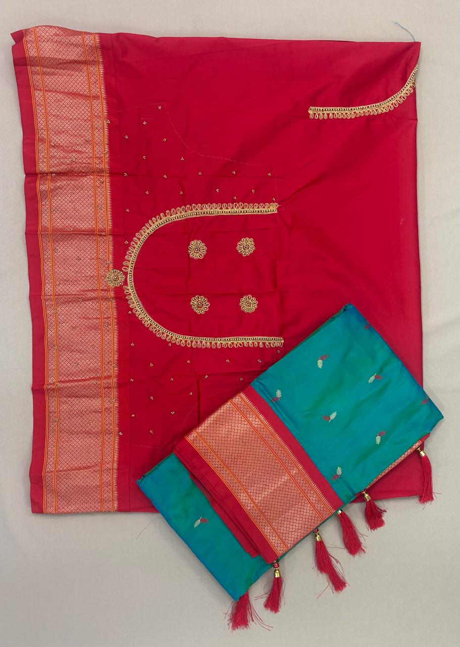 Paithani - Teal Blue and Red Contrast | Powerloom
