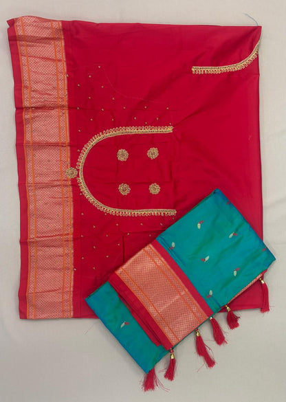 Paithani - Teal Blue and Red Contrast | Powerloom
