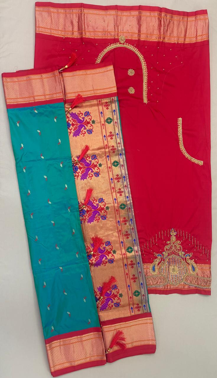 Paithani - Teal Blue and Red Contrast | Powerloom