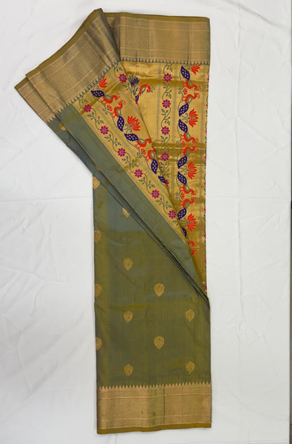 Paithani - Sage Green, pure silk , Self-Hold | Powerloom