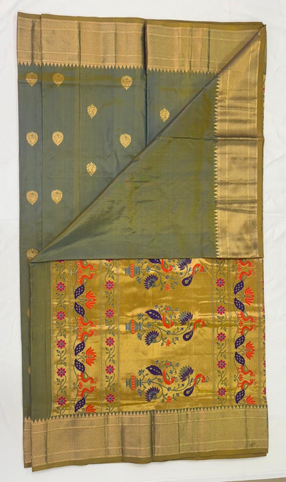Paithani - Sage Green, pure silk , Self-Hold | Powerloom