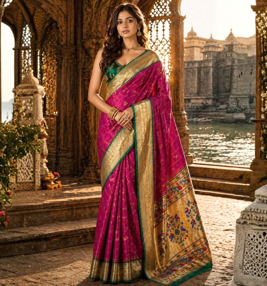 Paithani - Rani Pink Checkered | Powerloom