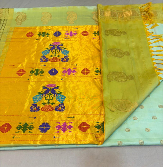 Paithani - Royal pastel Mint Green & Golden Yellow | Handloom
