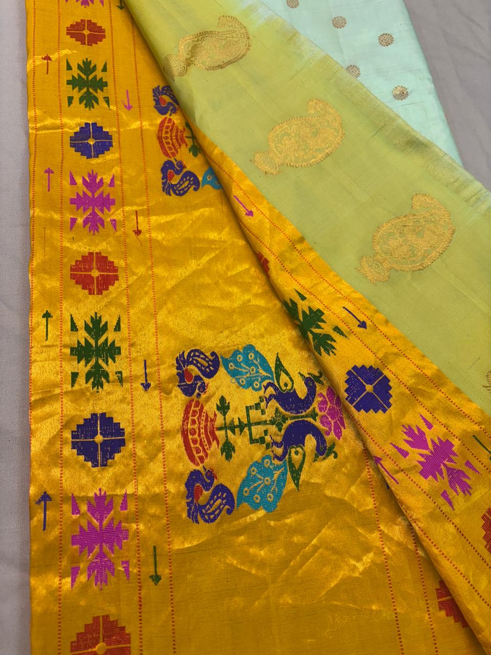 Paithani - Royal pastel Mint Green & Golden Yellow | Handloom