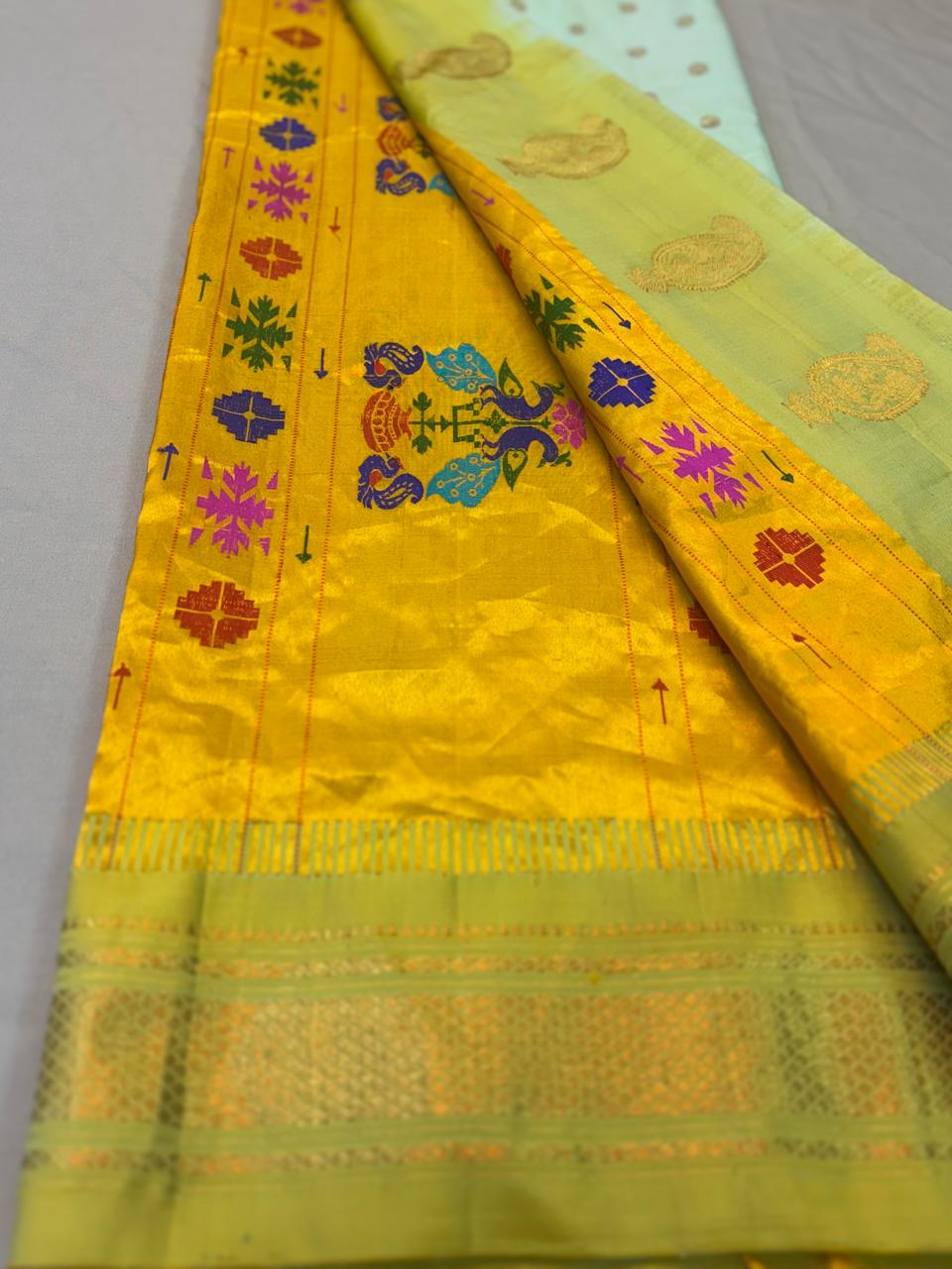 Paithani - Royal pastel Mint Green & Golden Yellow | Handloom