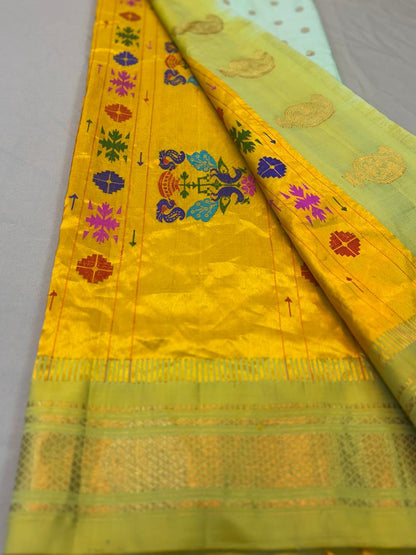 Paithani - Royal pastel Mint Green & Golden Yellow | Handloom