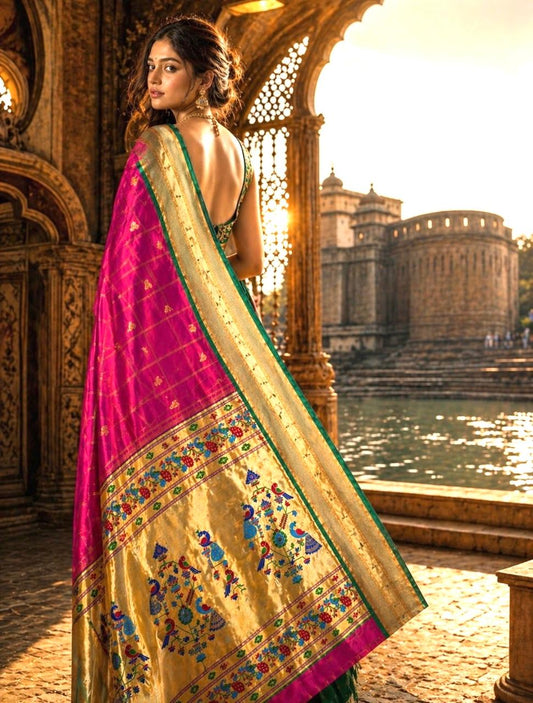 Paithani - Rani Pink Checkered | Powerloom